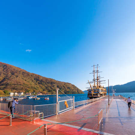HAKONE, JAPAN - NOVEMBER 5, 2017: Hakone pirate ship on the Ashi lake. Copy space for textのeditorial素材
