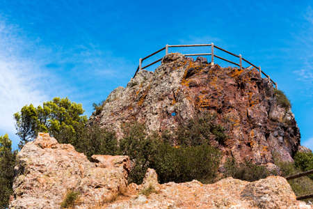 View of the observation deck in the monastery Escornalbou in Tarragona, Spain. Copy space for text. Bottom viewの写真素材