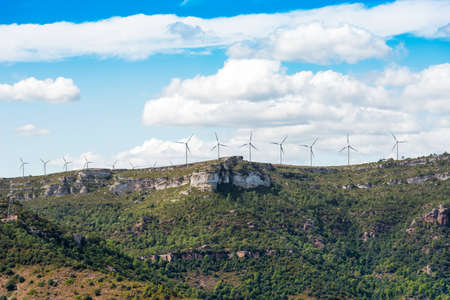 View of the windmills on the mountain in Tarragona, Spain. Copy space for textの写真素材