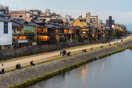 KYOTO, JAPAN - NOVEMBER 7, 2017: View of the embankment of the river Kamo. Copy space for textのeditorial素材