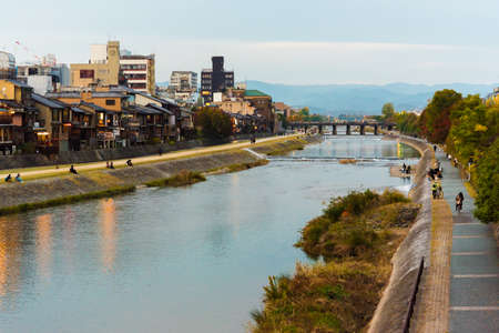 View of the embankment of the river Kamo, Kyoto, Japan. Copy space for textのeditorial素材