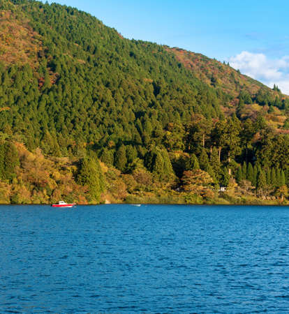 View of the landscape at lake Ashi in Hakone, Japan. Copy space for text