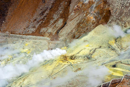 The steam from geysers Owakudani, national park Hakone, Japan. Copy space for textの写真素材