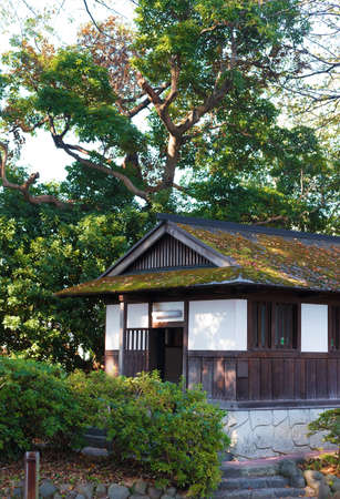 A wooden building with moss on the roof, among the trees, Odawara, Japan. Verticalのeditorial素材
