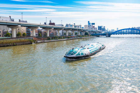 TOKYO, JAPAN - OCTOBER 31, 2017: Pleasure boat on the Sumida river.のeditorial素材