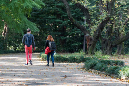 TOKYO, JAPAN - NOVEMBER 7, 2017: Couple walking on a road in a city park. Copy space for textのeditorial素材