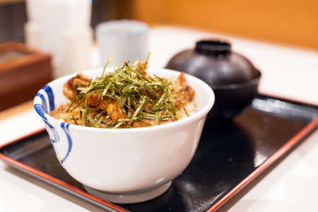 White plate with japanese dish, Tokyo, Japan. With selective focusの写真素材