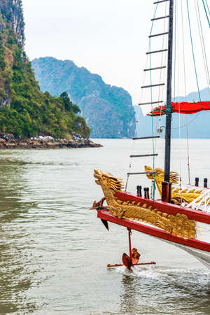 View of the sculptures on the ship's deck, Halong, Vietnam. Copy space for text. Verticalの写真素材