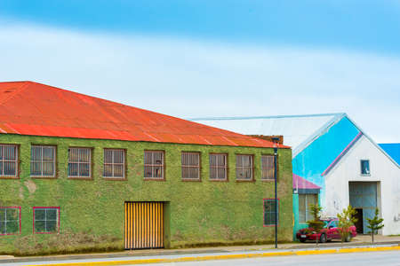 PUNTA ARENA, CHILE - JANUARY 4, 2018: View of the bright buildings on the city street. Copy space for textのeditorial素材