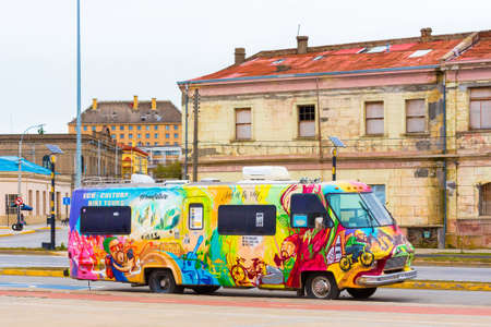 PUNTA ARENA, CHILE - JANUARY 4, 2018: A car painted with bright graphite on a city street. Copy space for textのeditorial素材