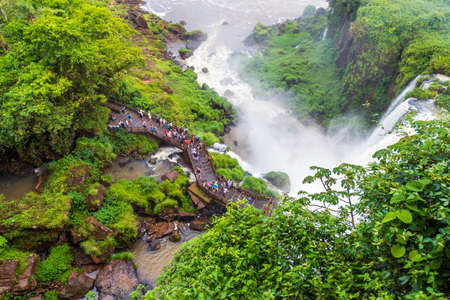 BRAZIL, ARGENTINA - DECEMBER 29, 2017: View of the waterfall on the Iguazu river. Copy space for text. Top viewのeditorial素材