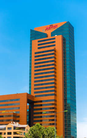 SANTIAGO, CHILE - JANUARY 10, 2018: View of the Marriott hotel building. Vertical. Copy space for textのeditorial素材