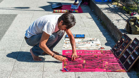PUERTO MONTT, CHILE - JANUARY 12, 2018: Local handmade souvenirs on the city street. Copy space for textのeditorial素材