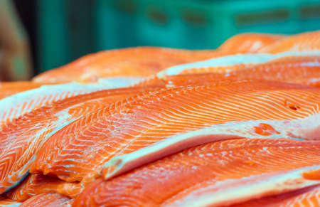 Raw salmon on the counter in the store, Puerto Montt, Chile. Close-up