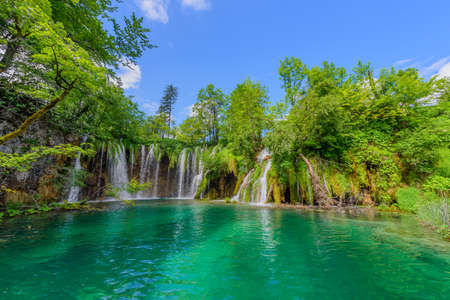 View of the waterfalls in the Plitvice Lakes National Park, Croatia. Copy space for textのeditorial素材