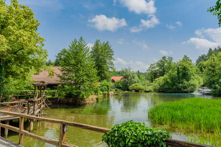 Rastoke village in green nature on Korana river, Croatia. Copy space for textのeditorial素材
