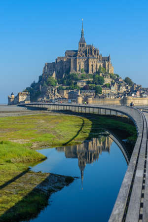 View of Mont Saint Michel, Normandy, France. Copy space for text. Verticalのeditorial素材