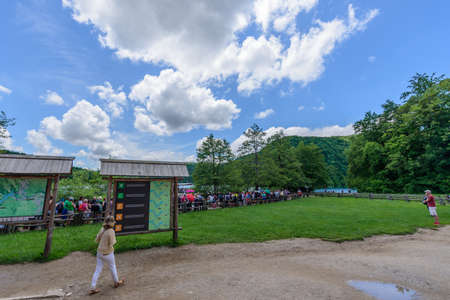 PLITVICE NATIONAL PARK, CROATIA - JUNE 8, 2018: Tourist group in the Plitvice Lakes National Parkのeditorial素材