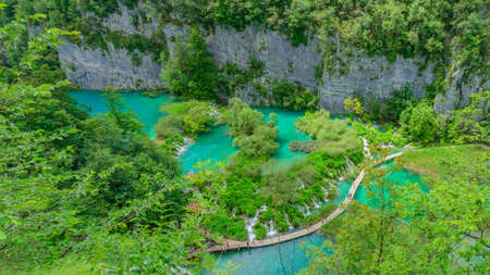 View of the waterfalls in the Plitvice Lakes National Park, Croatia. Top viewのeditorial素材