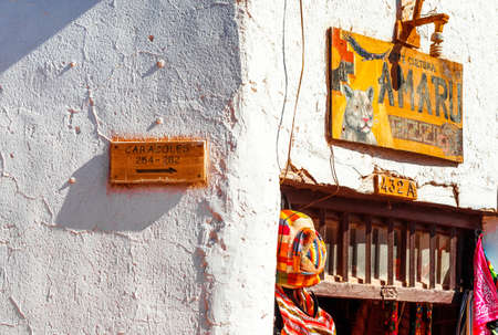 SAN PEDRO DE ATACAMA, CHILE - JANUARY 18, 2018: View of the facade of the building in the city center. With selective focusのeditorial素材