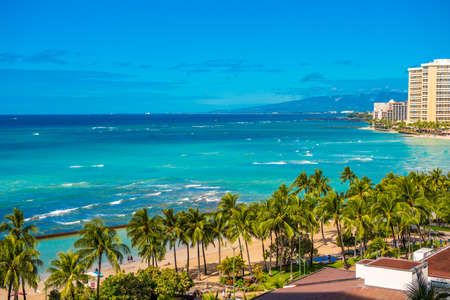 View of the city beach in Honolulu, Hawaii. Copy space for textの写真素材