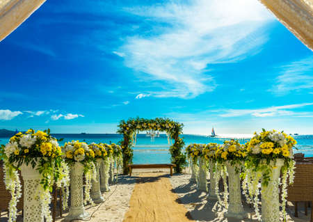 Wedding arch on the background of the sea in Boracay, Philippines. Copy space for textの写真素材