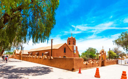 SAN PEDRO DE ATACAMA, CHILE - JANUARY 18, 2018: View of the catholic church. Copy space for textのeditorial素材