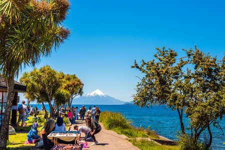 PUERTO VARAS, CHILE - JANUARY 11, 2018: Osorno volcano and Llanquihue lake, nacional park Vicente Perez Rosales. Copy space for textのeditorial素材
