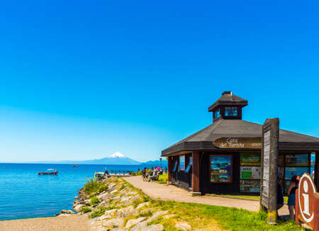 PUERTO VAGAS, CHILE - JANUARY 10, 2018: View of Osorno volcano and Llanquihue lake. Copy space for textのeditorial素材
