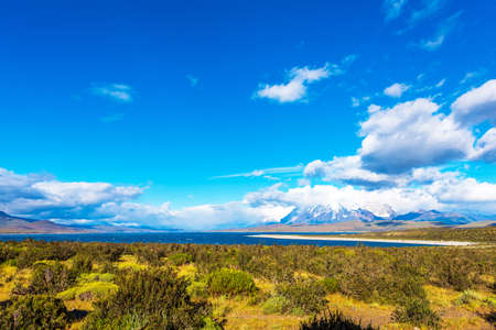 Lake Pehoe, Torres del Paine National Park, Patagonia, Chile, South America. Copy space for textの写真素材