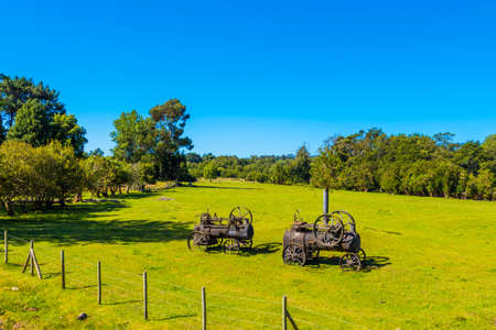 Steam engine on a green lawn, Puerto Varas, Chile. Copy space for textの写真素材
