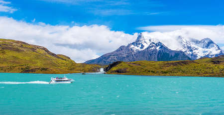 PATAGONIA, CHILE - JANUARY 4, 2018: Lake Pehoe, Torres del Paine National Park. Copy space for textのeditorial素材
