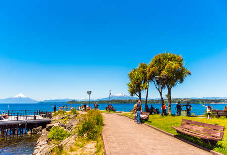 PUERTO VARAS, CHILE - JANUARY 11, 2018: Osorno volcano and Llanquihue lake, nacional park Vicente Perez Rosales. Copy space for textのeditorial素材