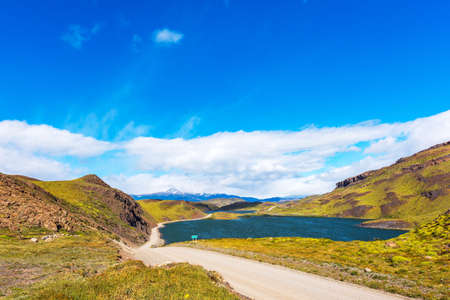 Lake Pehoe, Torres del Paine National Park, Patagonia, Chile, South America. Copy space for textの写真素材