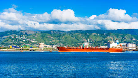 Ship in port of city Cebu, Philippines. Copy space for textの写真素材