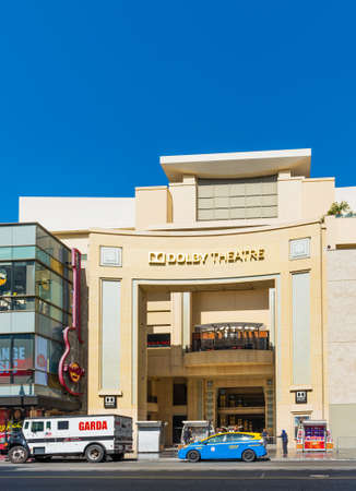 HOLLYWOOD, CALIFORNIA, USA - FEBRUARY 6, 2018: Dolby Theater on city street. Isolated on blue backgroundのeditorial素材
