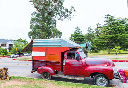 Red truck on the road. With selective focusの写真素材