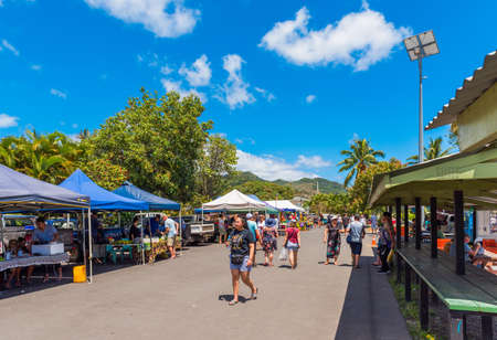 ARUTANGA, AITUTAKI, COOK ISLAND - SEPTEMBER 30, 2018: View of the local open-air market. Copy space...