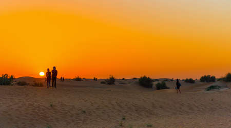 Sunset over sand dunes in Dubai Desert Conservation Reserve, United Arab Emirates. Copy space for textの写真素材