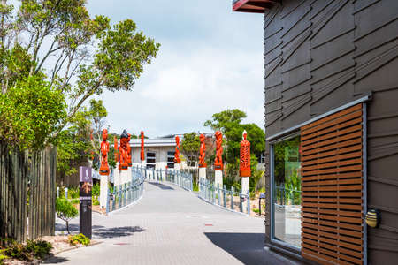 ROTORUA, NEW ZEALAND - OCTOBER 10, 2018: Traditional Maori Carved Sculptures. Copy space for textのeditorial素材