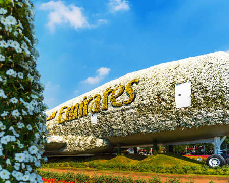 DUBAI, UNITED ARAB EMIRATES - DECEMBER 13, 2018: View of the plane from the flowers in Dubai Miracle Garden. With selective focusのeditorial素材