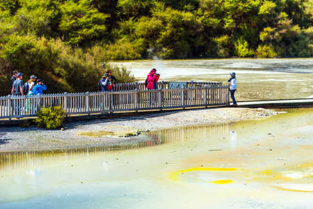 ROTORUA, NEW ZEALAND - OCTOBER 10, 2018: Geothermal pools in Wai-O-Tapu park. Copy space for textのeditorial素材