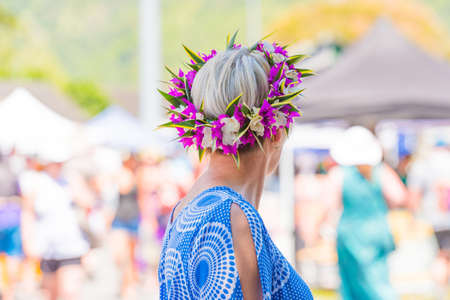 Woman with a wreath of flowers, Rarotonga, Aitutaki, Cook Islands. With selective focusの写真素材