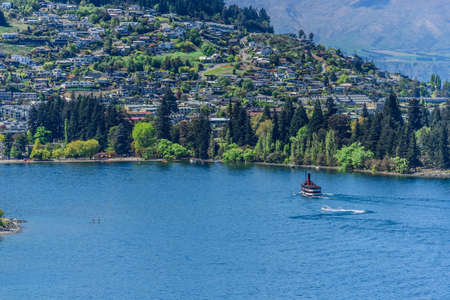 View of the landscape of Lake Wakatipu, Queenstown, New Zealand. Copy space for textの写真素材