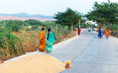 Indian women in sari walk down the street, Puttaparthi, India. Back view.のeditorial素材