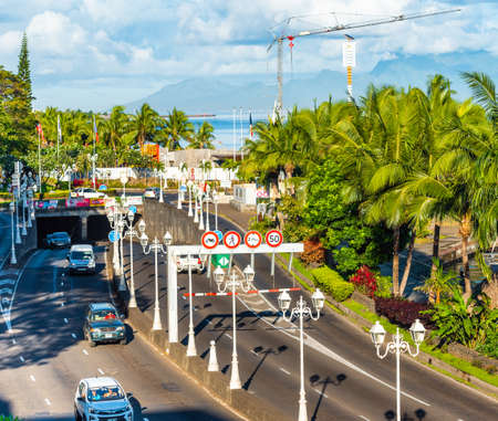 TAHITI, FRENCH POLYNESIA - SEPTEMBER 18, 2018: City embankment. Top viewのeditorial素材