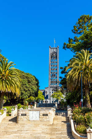 NELSON, NEW ZEALAND - OCTOBER 16, 2018: The Bell Tower of the Christ Church Cathedral, an Anglican church. Verticalのeditorial素材