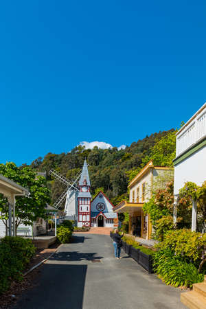NELSON, NEW ZEALAND - OCTOBER 16, 2018: Wooden Church in Founders Park. Copy space for textのeditorial素材