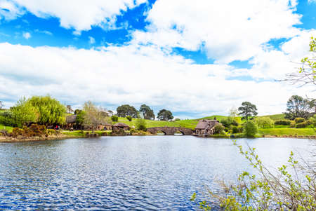 MATAMATA, NEW ZEALAND - OCTOBER , 2018: Lake view in Movie setのeditorial素材