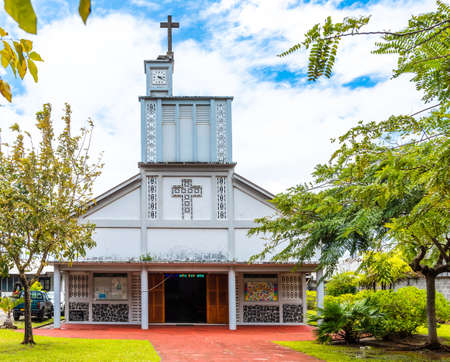 RAIATEA ISLAND, FRENCH POLYNESIA - SEPTEMBER 21, 2018: View of the facade of the churchのeditorial素材